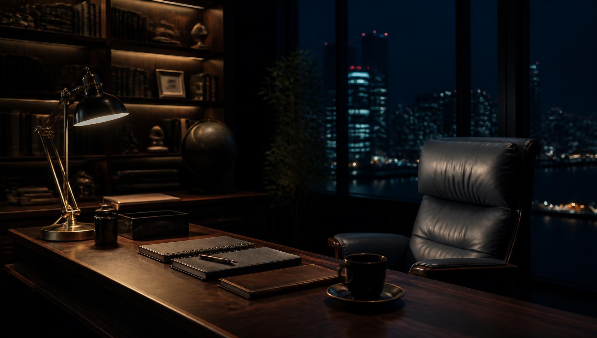 An executive study at night with a leather chair and city lights beyond the window