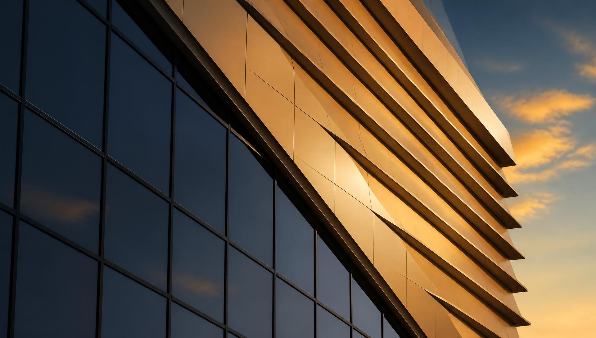 Modern corporate building facade catching golden hour light